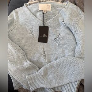 NWT J.O.A. Light Blue Distressed V-Neck Sweater Size S